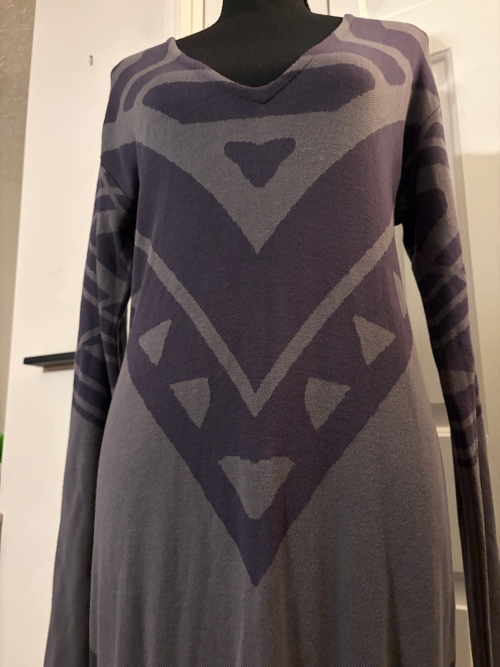 Free People Long Sleeve V-Neck Maxi Dress in Gray  with Purple Pattern - Picture 5 of 9
